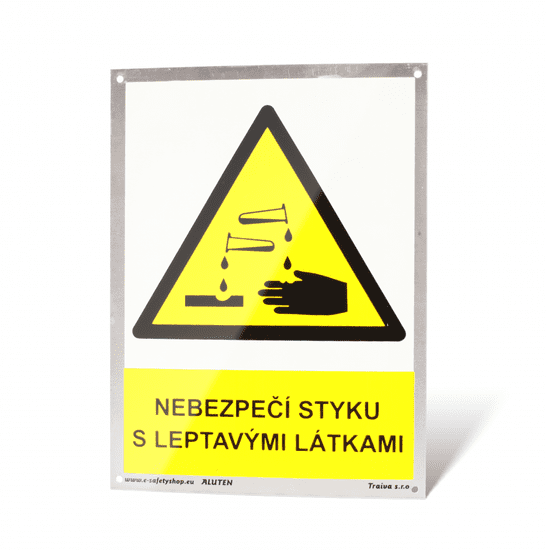 Traiva Plechová tabulka "Nebezpečí styku s leptavými látkami" Plech, 150 x 200 mm, tl. 1 mm - Kód: 25051