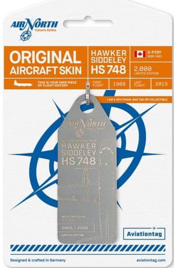 Aviationtag přívěsek ze skutečného letadla Hawker Siddeley HS747 Air North - C-FYDY - šedý