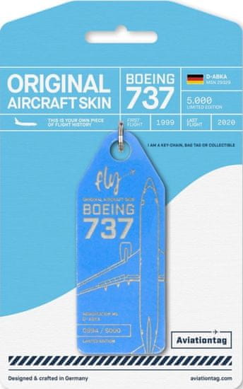 Aviationtag přívěsek ze skutečného letadla boeing B737 TUIfly - D-ABKA - světle modrá