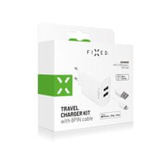 FIXED Set síťové nabíječky s 2xUSB výstupem a USB/Lightning kabelu, 1m, MFI certifikace, 15W Smart Rapid Charge, bílá