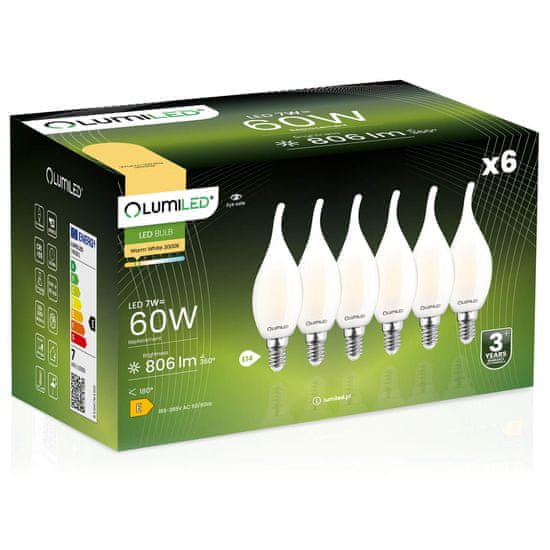 LUMILED 6x LED žárovka E14 BA35 7W = 60W 806lm 3000K Teplá bílá 360° Filament mléčná bublina