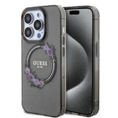 Guess  PC/TPU Flowers Ring Glossy Logo MagSafe Zadní Kryt pro iPhone 15 Pro Max Black