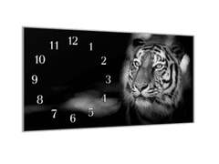 Glasdekor Nástěnné hodiny sklo 30x60cm černobílá hlava tygra - Materiál: kalené sklo
