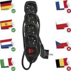 Emos Prodlužovací kabel 1,5 m / 4 zásuvky / s vypínačem / černý / PVC / 1,5 mm2