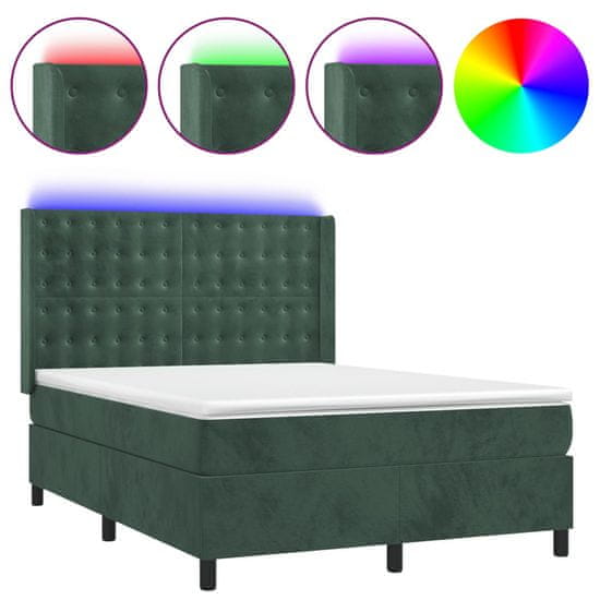 Vidaxl Box spring postel s matrací a LED tmavě zelená 140x200 cm samet