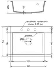 Mexen Oscar granitový dřez 580 x 490 mm, černá, černý sifon (6519581000-77-B)