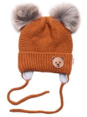 Baby Nellys Dětská zimní čepice s fleecem Teddy Bear - chlupáčk. bambulky - hnědá, šedá, 0-6m