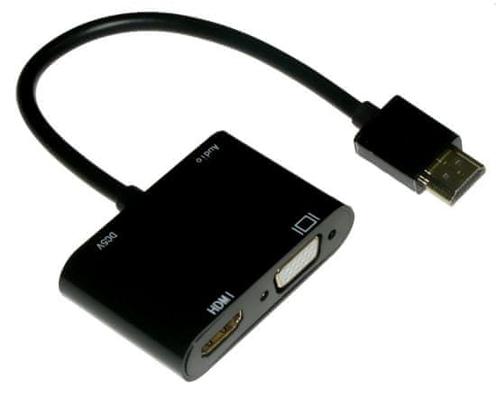 XtendLan Konvertor HDMI(M) na VGA a HDMI(F), VGA 1080p, HDMI 4k, s audio propojením (jack 3.5mm),napájení USB micro(B)