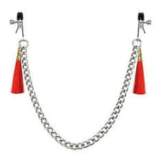 Lovetoy LoveToy Tassel Nipple Clamp with Chain Red, červené skřipce na bradavky 14 cm