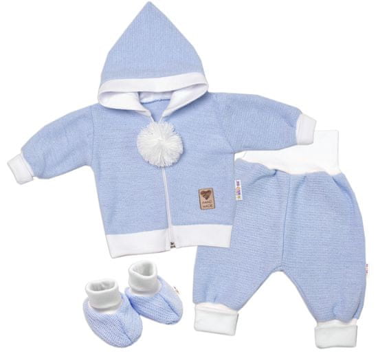 Baby Nellys 3-dílná souprava Hand made, pletený kabátek, kalhoty a botičky, modrá, vel. 56