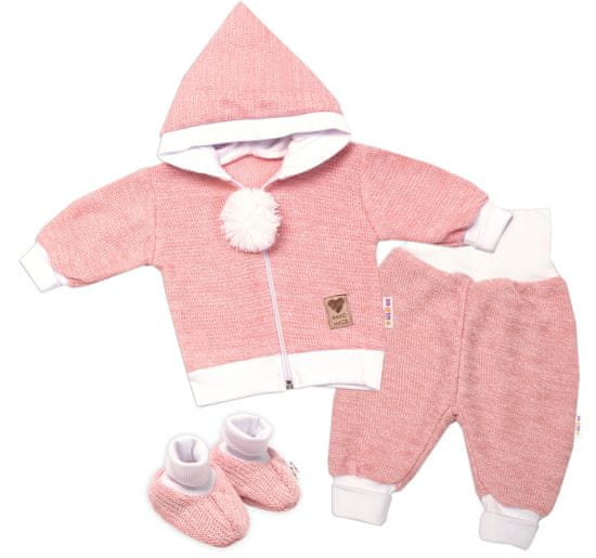 Baby Nellys 3-dílná souprava Hand made, pletený kabátek, kalhoty a botičky, růžová, vel.62