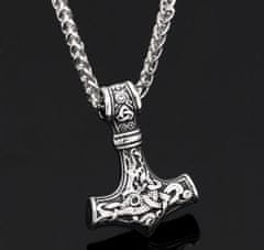 Camerazar Pánský náhrdelník s kladivem Thor Mjolnir, stříbrný, slitiny kovů, délka 60 cm