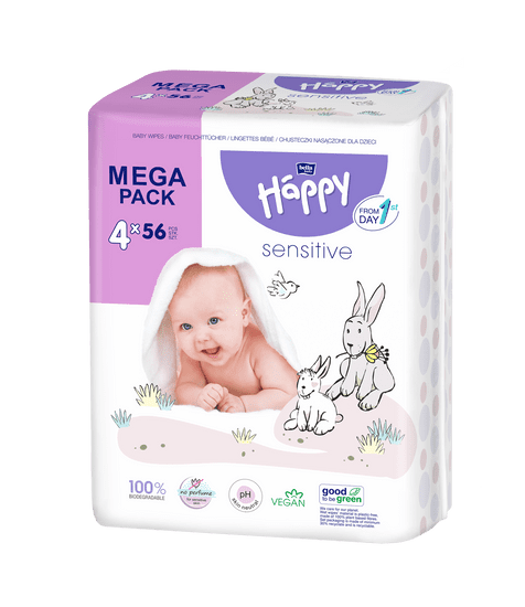 Bella Happy Baby mega pack čistící ubrousky sensitive 4 x 56 ks