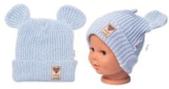 Baby Nellys Pletená bavlněná čepice s oušky, dvouvrstvá, Hand Made, modrá, vel. 68/74
