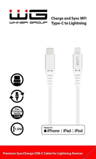 WG Datový kabel type-C_Lightning MFI, 3 A, bílý, 100 cm