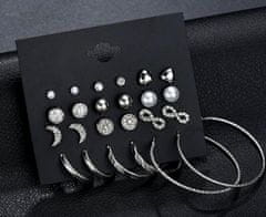 For Fun & Home Sada 12 párů stříbrných náušnic s zirkony a perlami, rozměry 1-5 cm