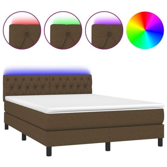 Vidaxl Box spring postel s matrací a LED tmavě hnědá 140x200 cm textil