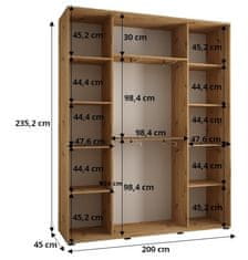 Veneti Šatní skříň ASIRI 3 - 200/45 cm, dub artisan / bílá / stříbrná