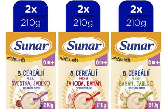 Sunar mléčná kaše 8 cereálií mix příchutí, 6m+, 6 x 210 g