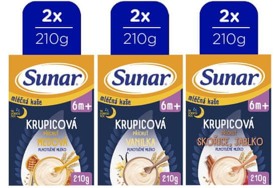 Sunar mléčná krupicová kaše na dobrou noc mix příchutí, 6m+, 6 x 210 g