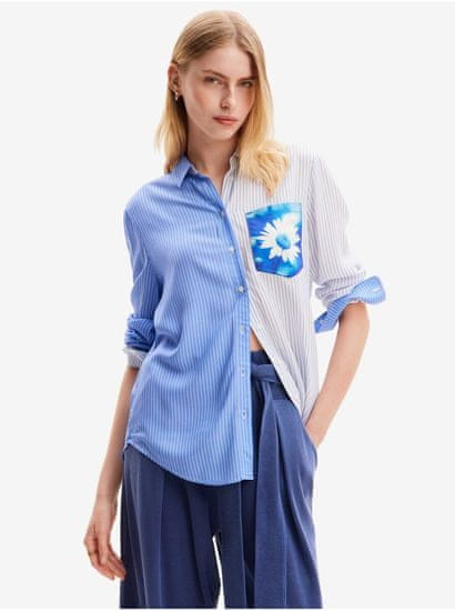 Desigual Bílo-modrá dámská pruhovaná košile Desigual Flower Pocket