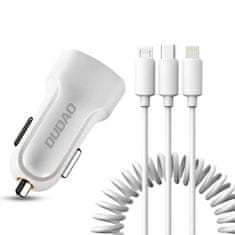 DUDAO Nabíječka do auta 2x USB 2,4A + USB kabel 3v1 Lightning/Type C/micro USB bílá Dudao