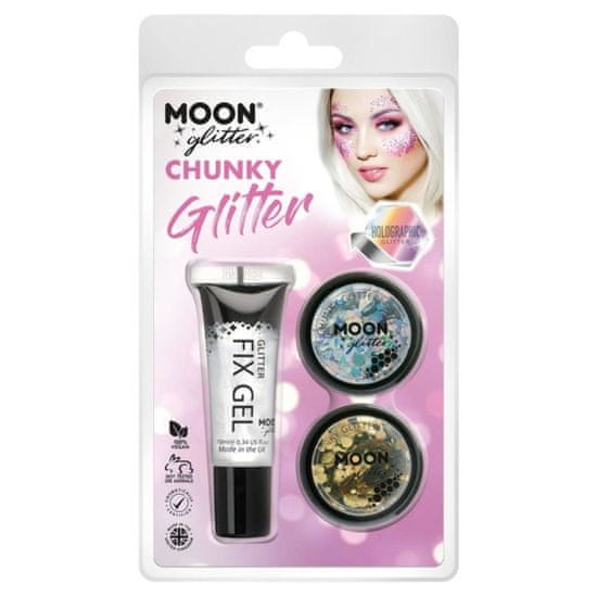 Smiffys SET TŘPYTEK Chunky Glitter holografické zlaté a stříbrné + fixační gel