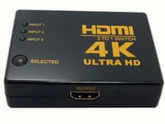 Verk 13137 Přepínač rozbočovač 3x na HDMI 4k uhd + dálkové ovládání ir