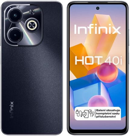 Infinix Hot 40i technologie NFC bezkontaktní platby velký dispelj velkokapacitní baterie moderní mobilní dotykový telefon smartphone infinix LTE připojení LTE internet Bluetooth slot na paměťové karty Wi-Fi Unisoc T606 OS Android 13 Bluetooth wifi dlouhá výdrž skvělý fotoaparát amoled displej fm rádio 6.5 IPS LCD velký displej HD+ rozlišení 18W rychlonabíjení 50Mpx kamera 32Mpx selfie kamera AI kamera