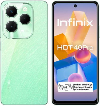 Infinix Infinix Hot 40 PRO technologie NFC bezkontaktní platby velký dispelj velkokapacitní baterie moderní mobilní dotykový telefon smartphone infinix LTE připojení LTE internet Bluetooth slot na paměťové karty Wi-Fi MediaTek Helio G99 OS Android 13 Bluetooth wifi dlouhá výdrž skvělý fotoaparát IPS displej fm rádio 6.78 displej velký displej FullHD+ rozlišení 33W rychlonabíjení 120Hz obnovovací frekvence AI kamera AI CAM