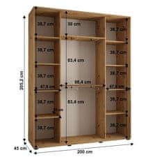 Veneti Šatní skříň YVONA 9 - 200/45 cm, černá / bílá / zlatá