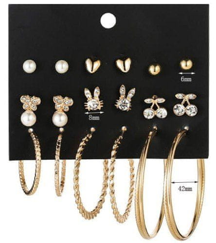 For Fun & Home Sada 9 párů zlatých náušnic s perlami a zirkony, rozměry 1-5 cm