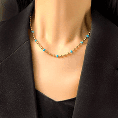 For Fun & Home Elegantní náhrdelník z chirurgické oceli 316L, pokovený 18karátovým zlatem, s modrými korálky a prodloužením 5 cm