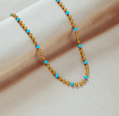 For Fun & Home Elegantní náhrdelník z chirurgické oceli 316L, pokovený 18karátovým zlatem, s modrými korálky a prodloužením 5 cm