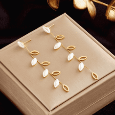 For Fun & Home Dlouhé zlaté náušnice s perleťovými listy z chirurgické oceli, 7,5 cm