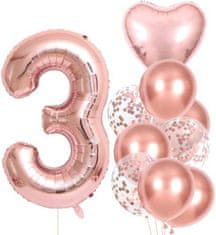Camerazar Sada 10 růžových balónků ke třetím narozeninám s konfety, latex a fólie, max. velikost 25 cm