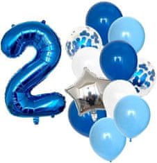Camerazar Sada 12 modrých a bílých balónků s konfetami, číslo 2, latex a fólie, výška čísla 82 cm