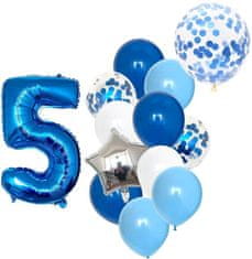 Camerazar Sada 12 modrých a bílých balónků s konfetami, číslo 5, latex a fólie, 82 cm