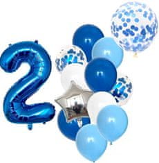 Camerazar Sada 12 modrých a bílých balónků s konfetami, číslo 2, latex a fólie, výška čísla 82 cm
