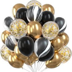 Camerazar Sada 30 balónků v zlaté a černé barvě, latex, průměr 25 cm, s konfetami pro svatební a narozeninovou oslavu