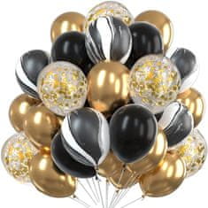 Camerazar Sada 60 balónků v zlaté a černé barvě s konfetami, latex, průměr 25 cm