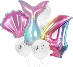 Camerazar Sada 7 balónků s konfetami mořská panna číslo 4, duhové barvy, fólie a latex, výška 81 cm