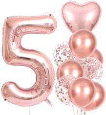 Camerazar Sada 10 růžových balónků k 5. narozeninám, latex a fólie, výška čísla 81 cm