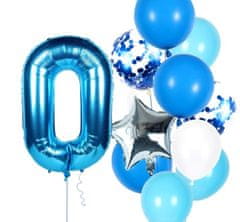 Camerazar Sada 12 modrých balónků s konfetami, narozeninové číslo 0, výška 82 cm, velikost hvězdy 43 cm x 44,5 cm