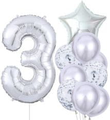 Camerazar Sada 10 stříbrných balónků ke třetím narozeninám - latex a fólie, různé velikosti (81 cm, 45 cm, 25 cm)