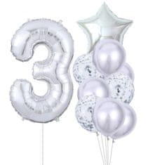 Camerazar Sada 10 stříbrných balónků ke třetím narozeninám - latex a fólie, různé velikosti (81 cm, 45 cm, 25 cm)