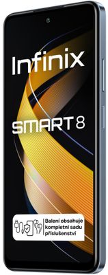 moderní mobilní dotykový telefon smartphone infinix smart 8 LTE připojení 4G připojení OS Android čtečka otisku prstů GPS Octa-core IPS displej Bluetooth wifi dlouhá výdrž skvělý fotoaparát 8Mpx 13Mpx hlavní kamera velký displej fm rádio velkokapacitní baterie kruhový blesk Anroid Go AI fotoaparát