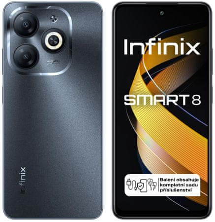 moderní mobilní dotykový telefon smartphone infinix smart 8 LTE připojení 4G připojení OS Android čtečka otisku prstů GPS Octa-core IPS displej Bluetooth wifi dlouhá výdrž skvělý fotoaparát 8Mpx 13Mpx hlavní kamera velký displej fm rádio velkokapacitní baterie kruhový blesk Anroid Go AI fotoaparát