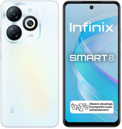 moderní mobilní dotykový telefon smartphone infinix smart 8 LTE připojení 4G připojení OS Android čtečka otisku prstů GPS Octa-core IPS displej Bluetooth wifi dlouhá výdrž skvělý fotoaparát 8Mpx 13Mpx hlavní kamera velký displej fm rádio velkokapacitní baterie kruhový blesk Anroid Go AI fotoaparát