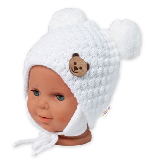 Baby Nellys Zimní pletená čepice Teddy Bear na zavazování, bílá, smetanová, 68/80, (6-12m)